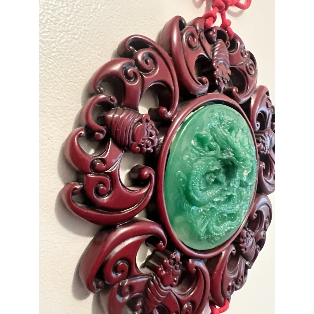 VTG Asian Dragon Wall Hanging Feng Shui Jade Style Medallion Red Tassel Decor 3'